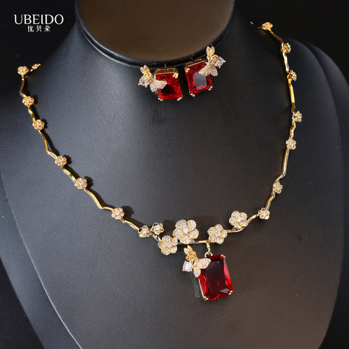 优贝朵红宝石蝴蝶耳环项链套装