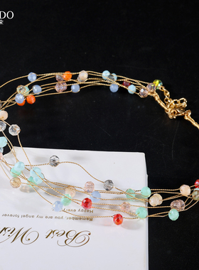 优贝朵新款多层彩色水晶锁骨项链