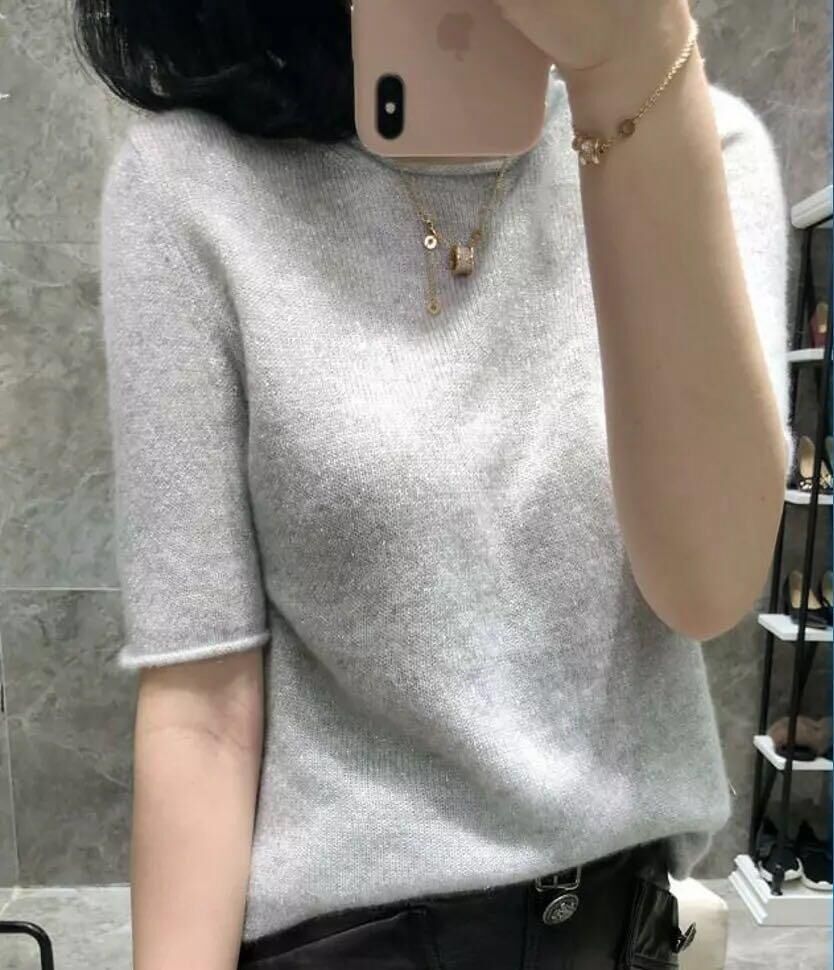 圆领卷边五分袖宽松短款山羊绒衫