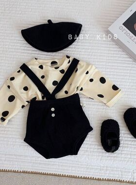 ins风韩版秋装男女宝宝波点宽松长袖T恤+黑色背带包屁短裤套装潮