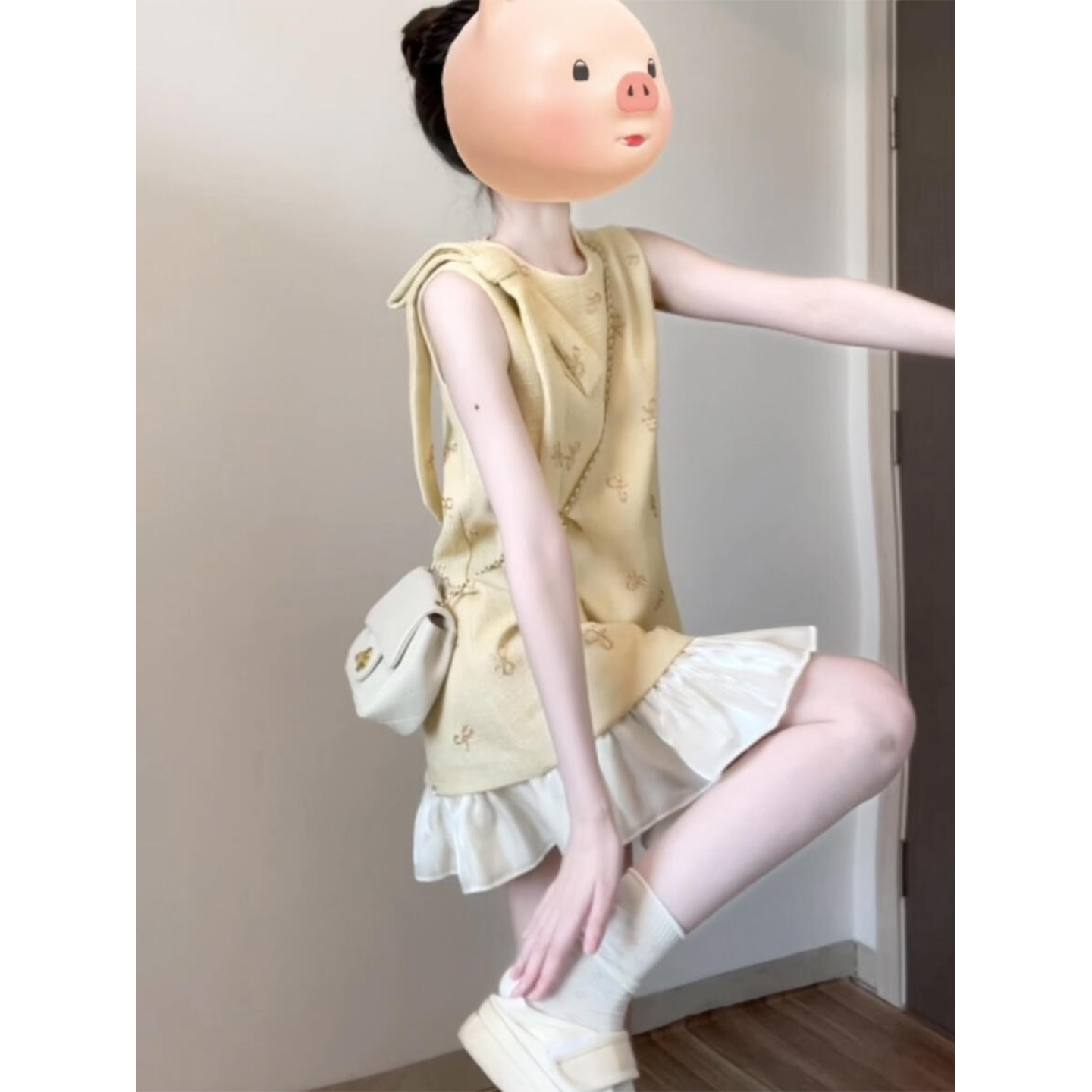 法式千金风黄色蝴蝶结连衣裙