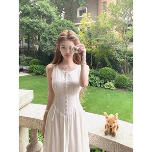 白色桔梗 少女感绑带收腰连衣裙女夏季大方得体无袖背心长款裙子