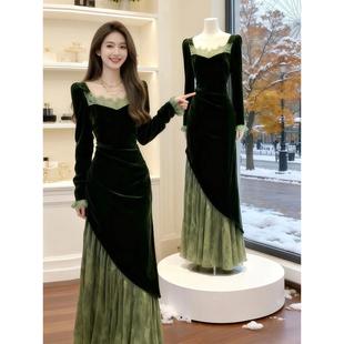 法式名媛复古丝绒连衣裙蕾丝拼接高级感绝美宴会晚礼服裙2025冬季