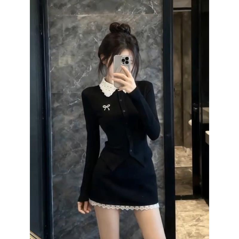 法式纯欲娃娃领针织上衣半裙套装