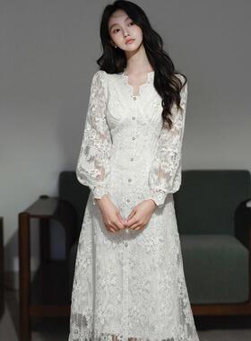 特别漂亮掐腰小裙子韩系独特超好看V领收腰连衣裙25秋季气质长裙