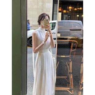 希腊女神裙高级感温柔仙女裙白色连衣裙飘带挂脖收腰度假长裙女夏