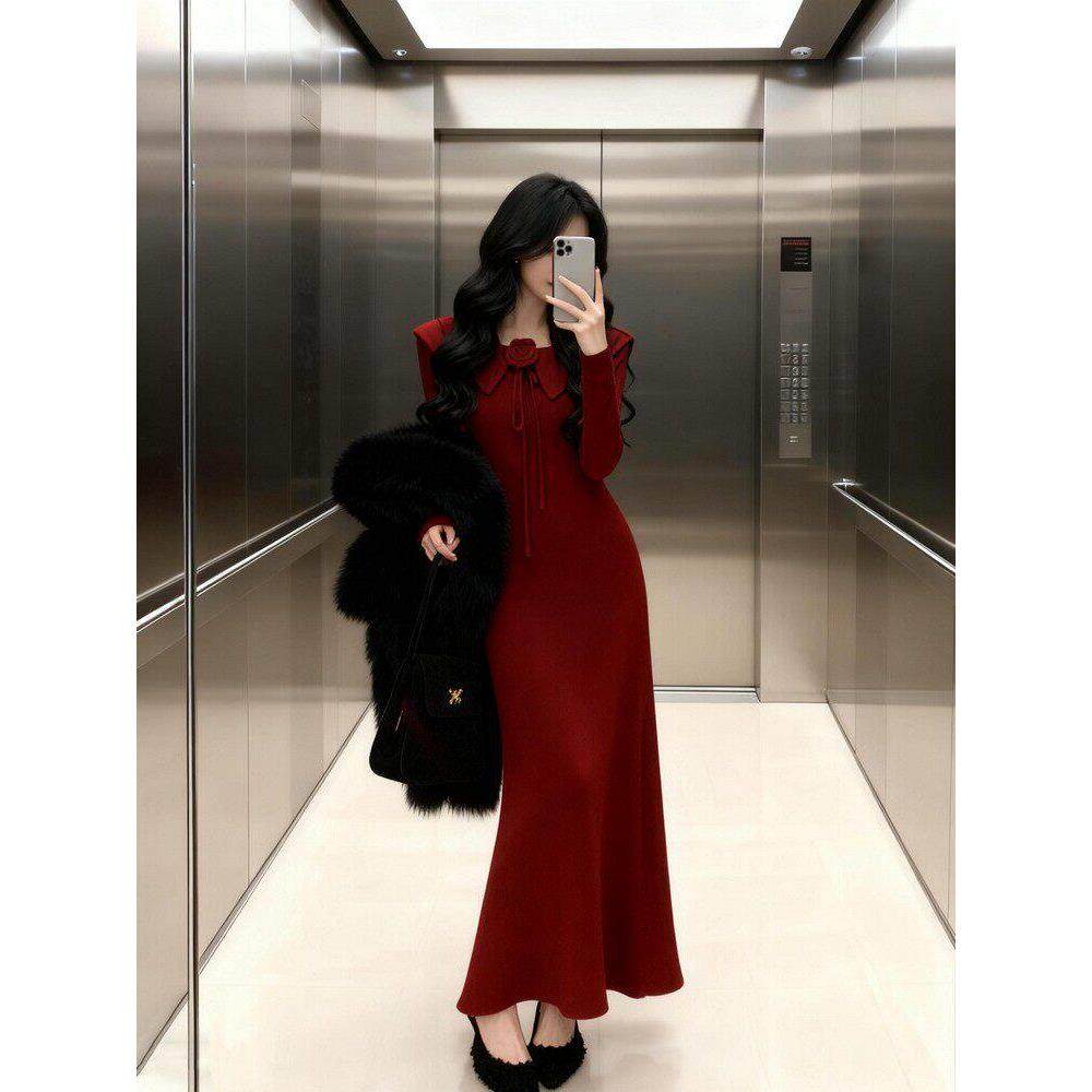 秋冬法式复古红色针织连衣裙