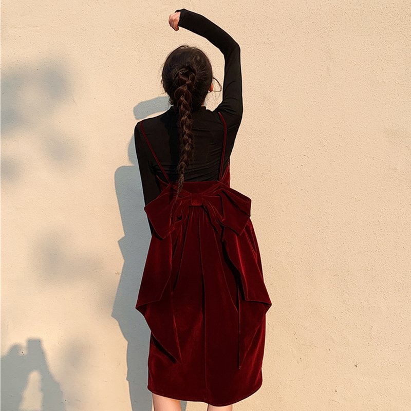 圣诞服装丝绒红色吊带连衣裙