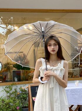 日系16骨透明雨伞长柄大号双人女白色网红小清新伞自动结实加大