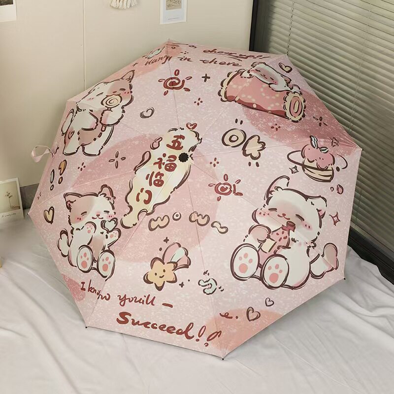 幸运猫咪三折遮阳伞雨伞迷你五折手动全自动雨伞高中生加厚抗风