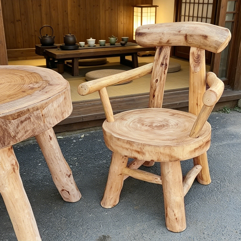 香樟木原木椅子圆凳庭院阳台花园围炉泡茶桌实木扶手餐椅民宿家具