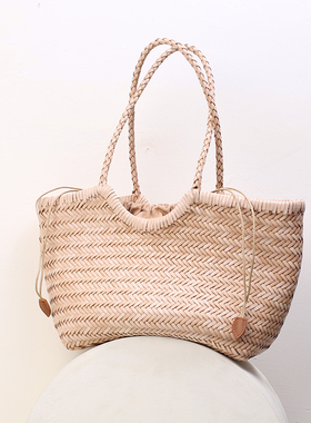 dragon夏季真皮手工编织包包头层牛皮菜篮子单肩手提托特包大容量