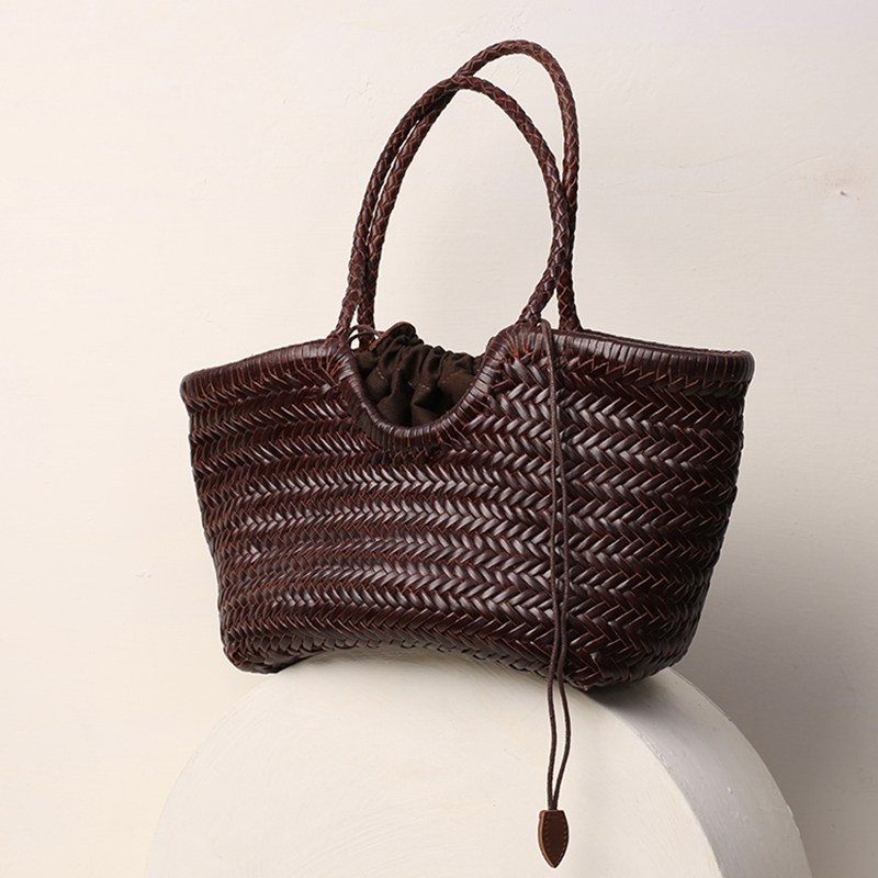 Dragon同款头层牛皮手工编织包手提单肩菜篮子托特包手工真皮女包