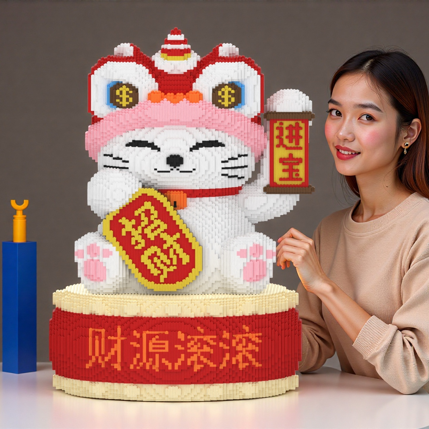 新款一米超大醒狮招财猫积木