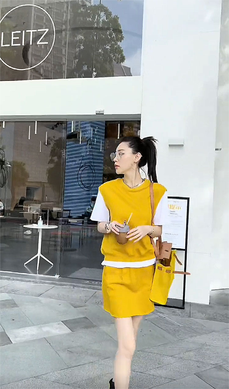 休闲时尚套装裙夏季新款女装韩版气质圆领假两件上衣半身裙两件套