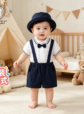 婴儿夏季薄款背带裤小少爷套装小月龄男宝宝生日周岁满月分体礼服