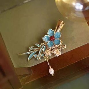 复古宫廷风烧蓝发夹侧边流苏边夹一字夹新中式旗袍鸭嘴夹头饰发饰