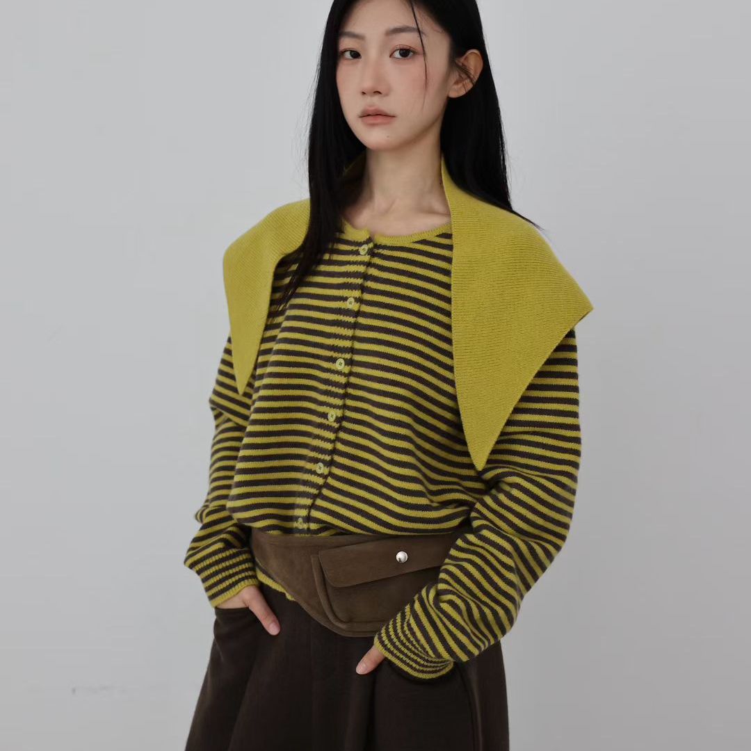韩系针织披肩拼接条纹圆领针织衫