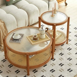 实木藤编茶几桌日式客厅家用小户型长虹玻璃双层原木圆形简约边几