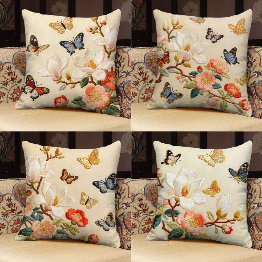 新中式蝶恋花影系列抱枕平面印花短毛绒办公室沙发样板间茶室靠枕