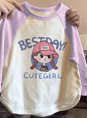 100%纯棉儿童秋季新款女童撞色长袖T恤卡通中大童女孩上衣打底衫