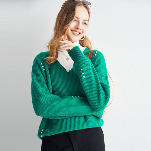 长袖套头V领优雅纯羊绒针织衫