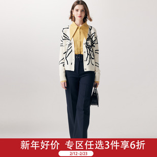 帕罗2025秋冬100%山羊绒衫女新款V领开衫提花针织外搭保暖毛衣