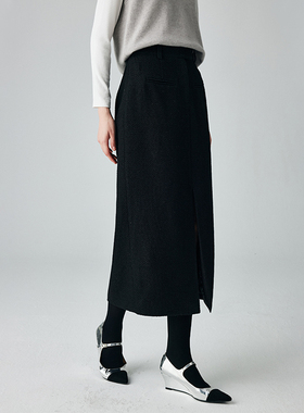 PALUOPO/帕罗黑色设计感复古开叉中长款高腰羊毛半身裙女秋冬