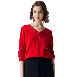 帕罗100%山羊绒秋冬新款烫钻V领休闲宽松百搭长袖T恤羊绒衫女