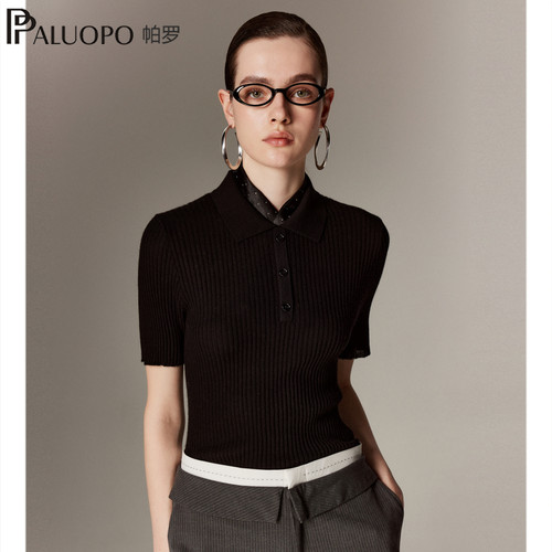 【精纺纯山羊绒】帕罗polo领针织衫女25秋冬新款短袖坑条提花毛衣