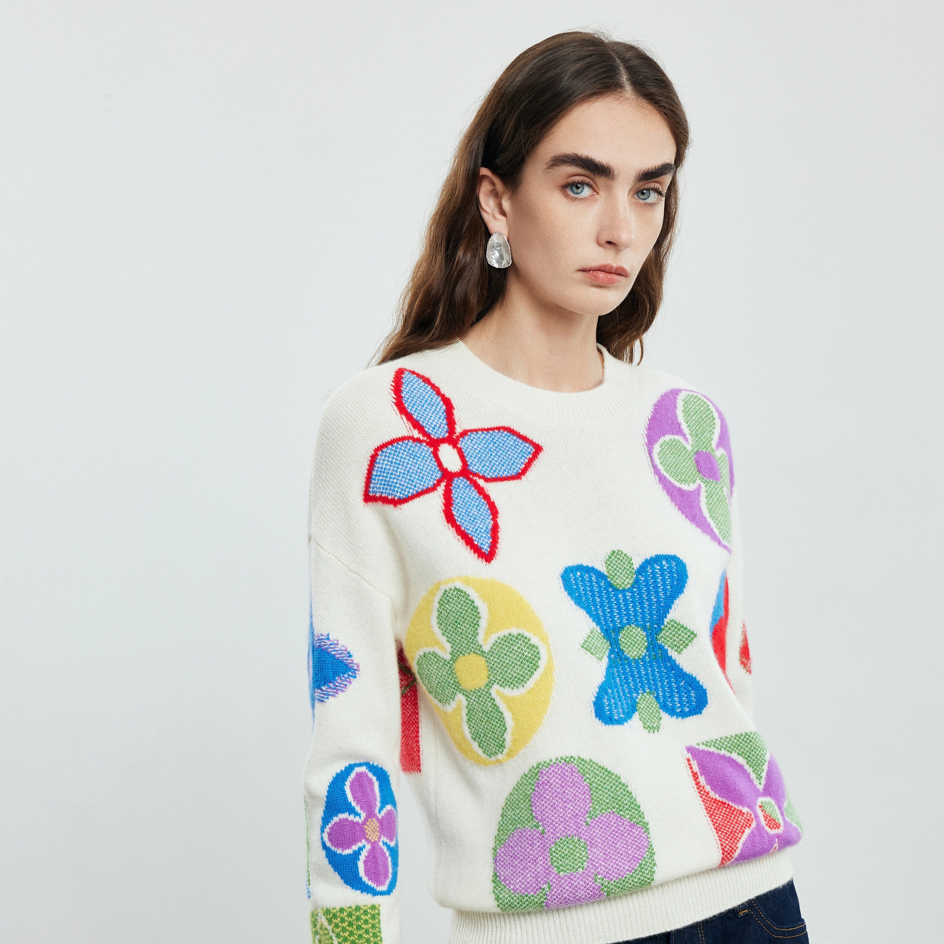 帕罗长袖套头圆领纯羊绒提花毛衣