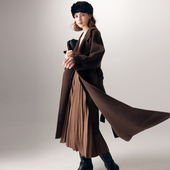 帕罗含驼绒秋冬新款 外套双口袋纯色双面呢大衣 翻领收腰系带时尚