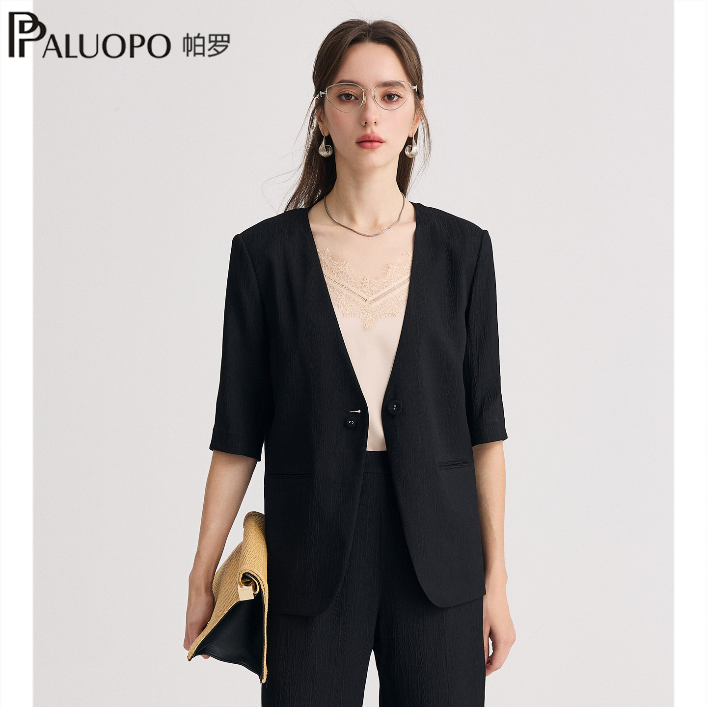 PALUOPO/帕罗26夏季新款轻熟风中袖西装女冠乐绉一粒扣气质外套