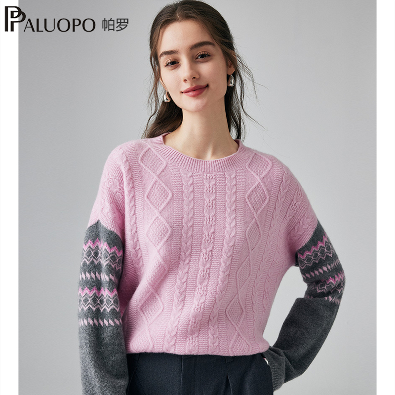 复古拼接100%山羊绒衫女士针织