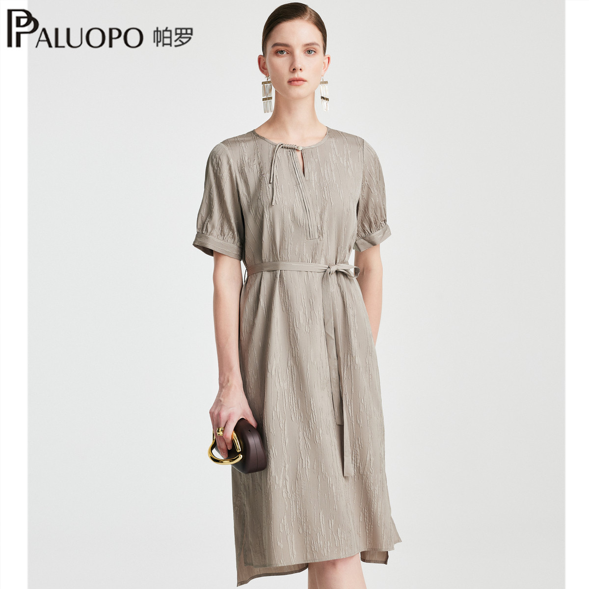 PALUOPO/帕罗26春夏新国风圆领短袖真丝连衣裙女收腰系带中长裙子