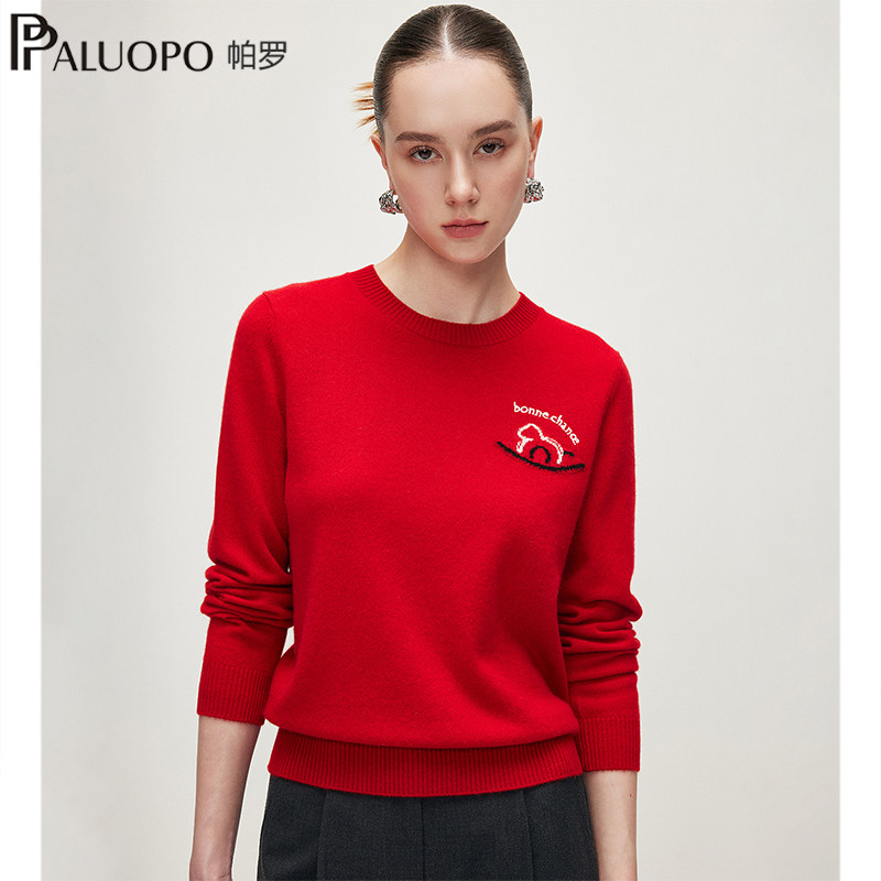 PALUOPO/帕罗【商场同款RED红标】秋冬圆领羊绒衫女提花红色毛衣,女装/女士精品,羊绒衫,淘宝优惠券,粉丝福利购,淘宝优惠卷