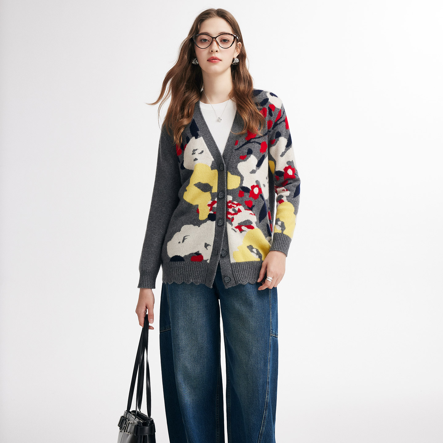 帕罗【商场同款】RED红标 创意彩绘|秋冬V领新款羊绒衫开衫毛衣女