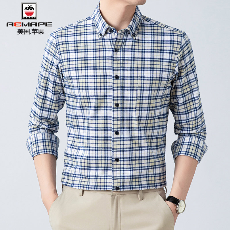 aemape/苹果长袖衬衫男士秋冬新款青年加厚保暖磨毛工装衬衣外套