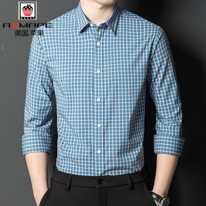 美国苹果2022新款高档衬衫男装格子长袖衫春秋款高丝光棉男士衬衣