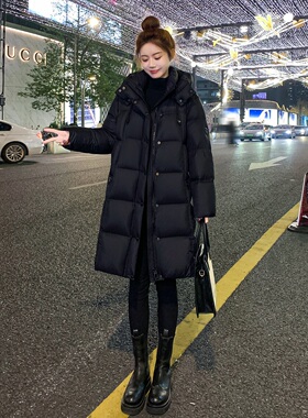 黑色高端中长款羽绒服女士2025新款冬季宽松加厚90白鸭绒保暖外套
