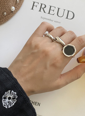 饰尚e族日韩黑色滴釉花朵戒指女复古时尚气质水滴开口指环