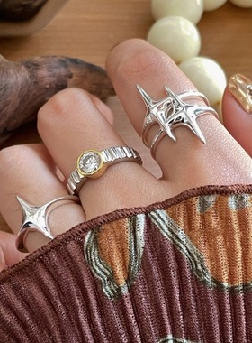 饰尚e族炫酷星芒戒指女几何四芒星气质个性S925镀银开口指环ins食