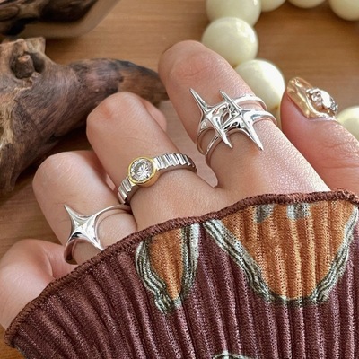 饰尚e族炫酷星芒戒指女几何四芒星气质个性S925镀银开口指环ins食