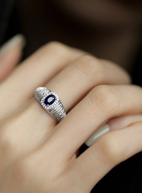 饰尚e族精致蓝色锆石戒指女法式复古优雅纹理开口指环甜酷