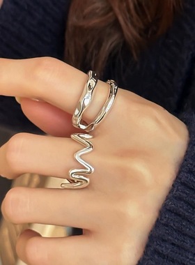 饰尚e族几何线条波浪戒指女双层百搭甜酷捶打纹理开口指环