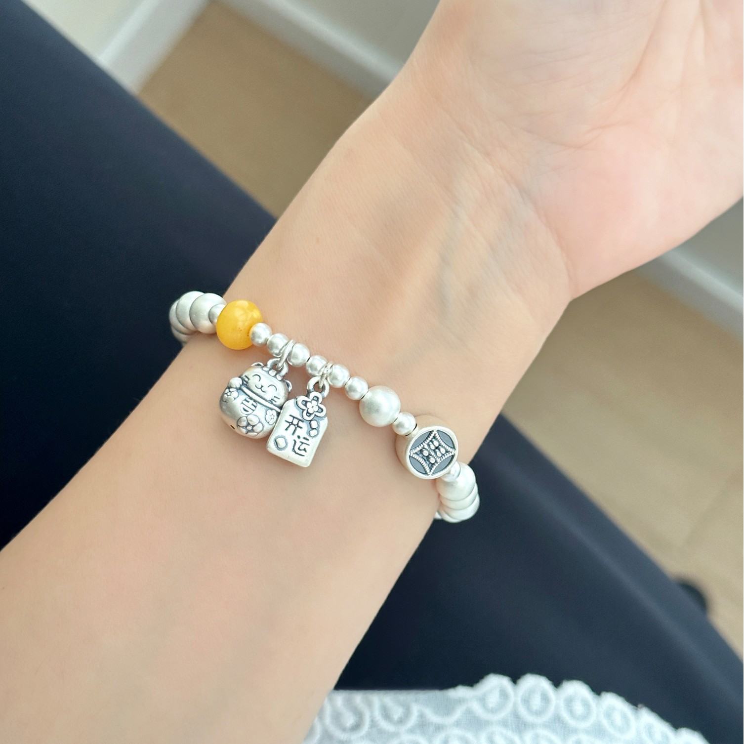 饰尚e族新中式招财猫手链女复古时尚个性气质铜币S925镀银手环百