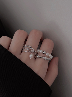 饰尚e族日韩S925镀银甜美仿珍珠戒指女复古时尚流苏链条开口指环