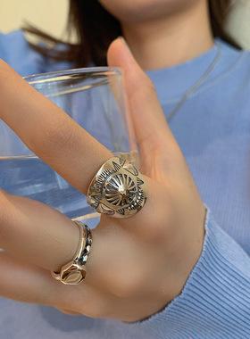 欧美泰银戒指女潮摇滚时尚霸气戒指复古嘻哈蹦迪朋克食指尾戒开口