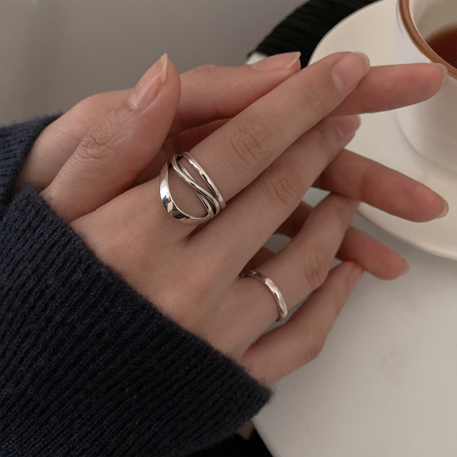 日韩线条交叉戒指女复古简约缠绕夸张开口指环欧美潮食指戒