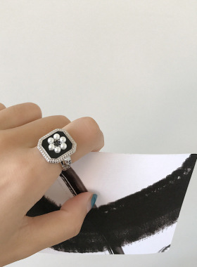 饰尚e族方形复古滴釉珍珠花朵戒指女时尚个性重工S925镀银开口指